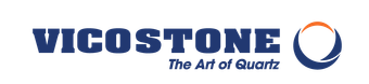 Vicostone logo with blue text, orange and navy circular mark, and tagline “The Art of Quartz”