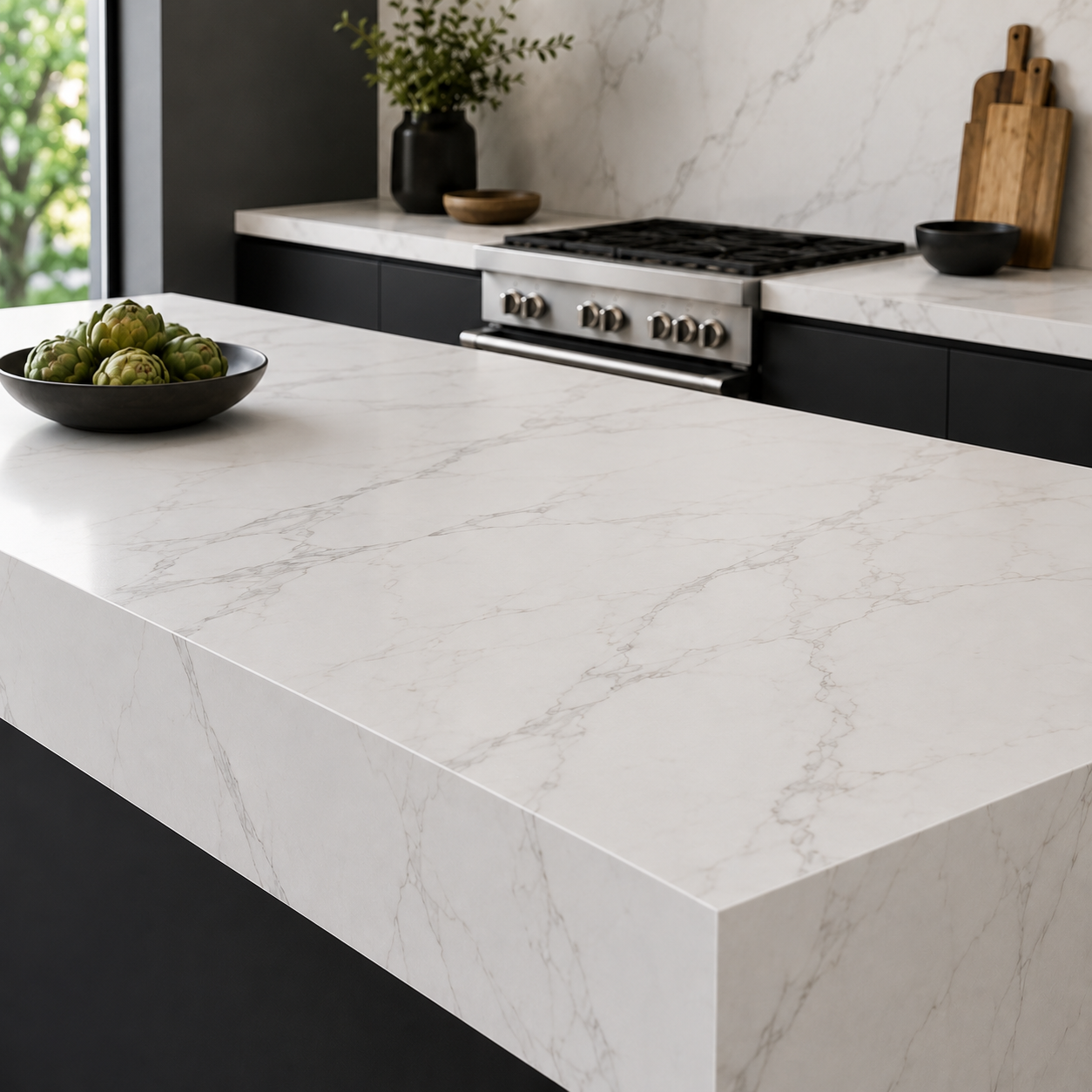 Modern white porcelain kitchen island with black accents and countertop decor