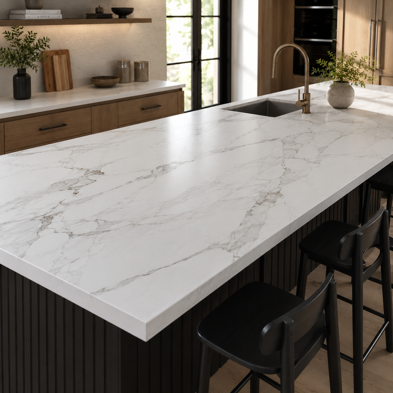 Bright modern kitchen with marble island, white cabinets, and four stools by a window