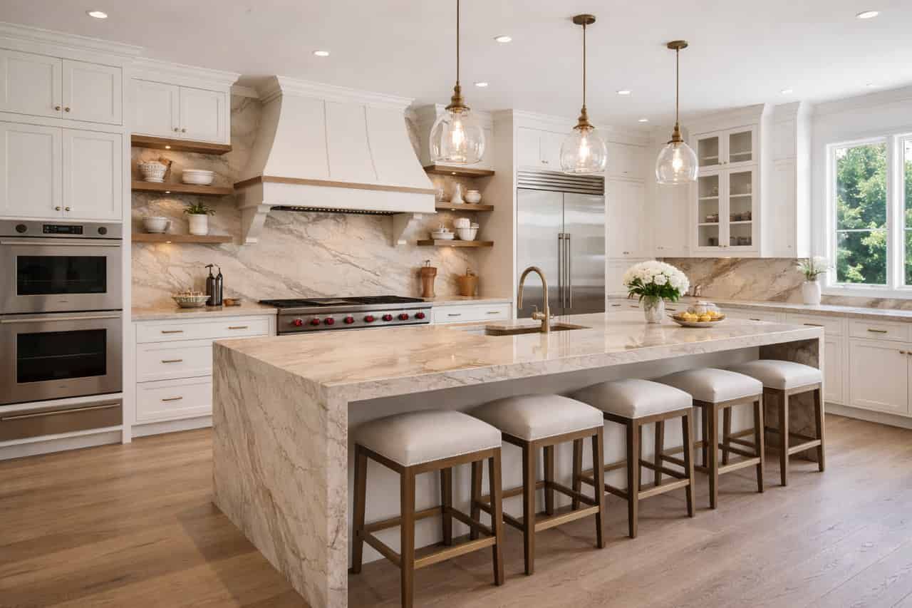 A bright, modern kitchen with white cabinets, a large marble waterfall island, pendant lights, and four bar stools.