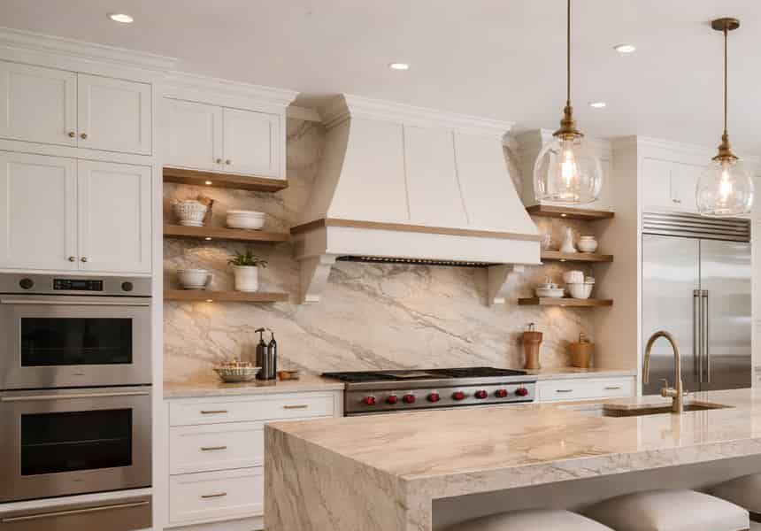 Bright modern kitchen with marble island, white cabinets, wood floors, and five stools