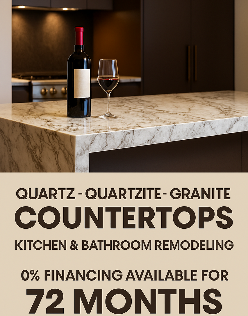 Kitchen countertop ad: wine bottle/glass on quartz countertop, offers 0% financing for 72 months.
