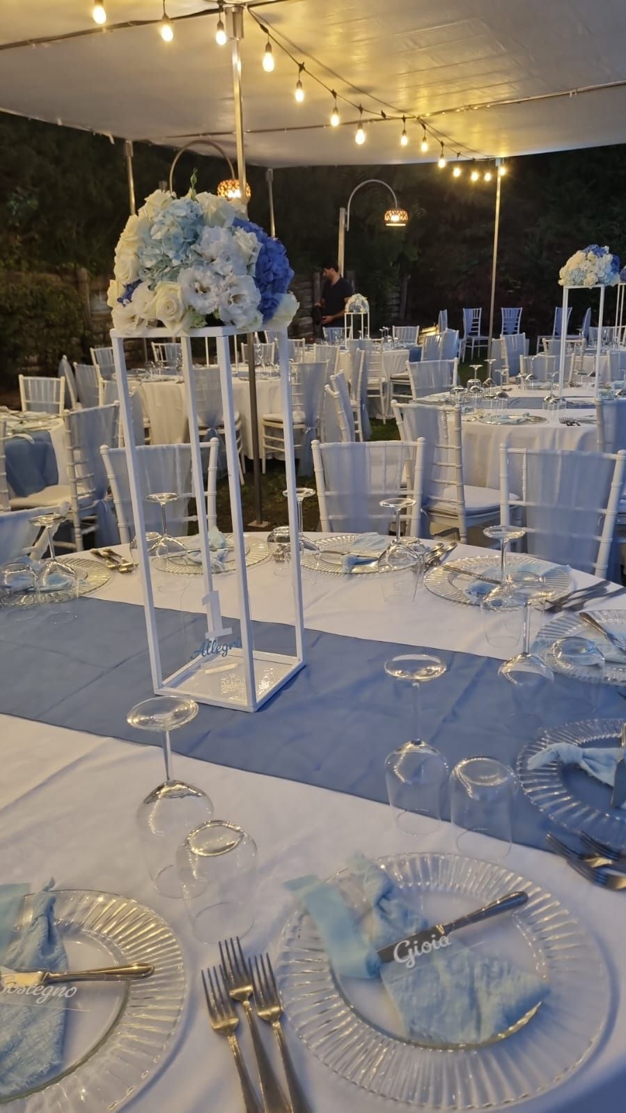 Elegante evento all'aperto con tavoli apparecchiati per la cena. Centrotavola con fiori blu e bianchi su supporti bianchi.