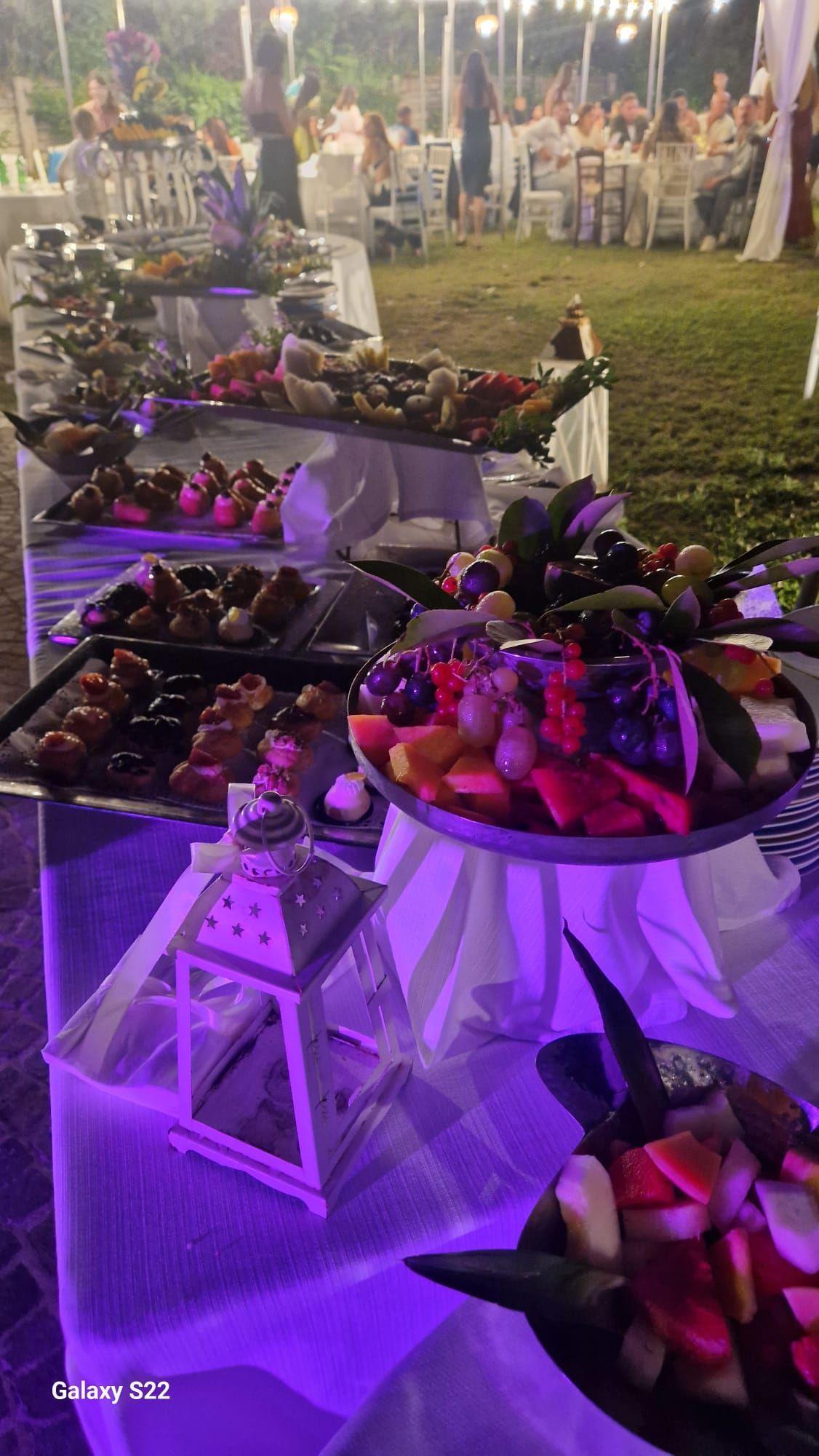 Tavolo da buffet imbandito con frutta durante un evento serale all'aperto: tavoli bianchi, luci viola e ospiti sullo sfondo.
