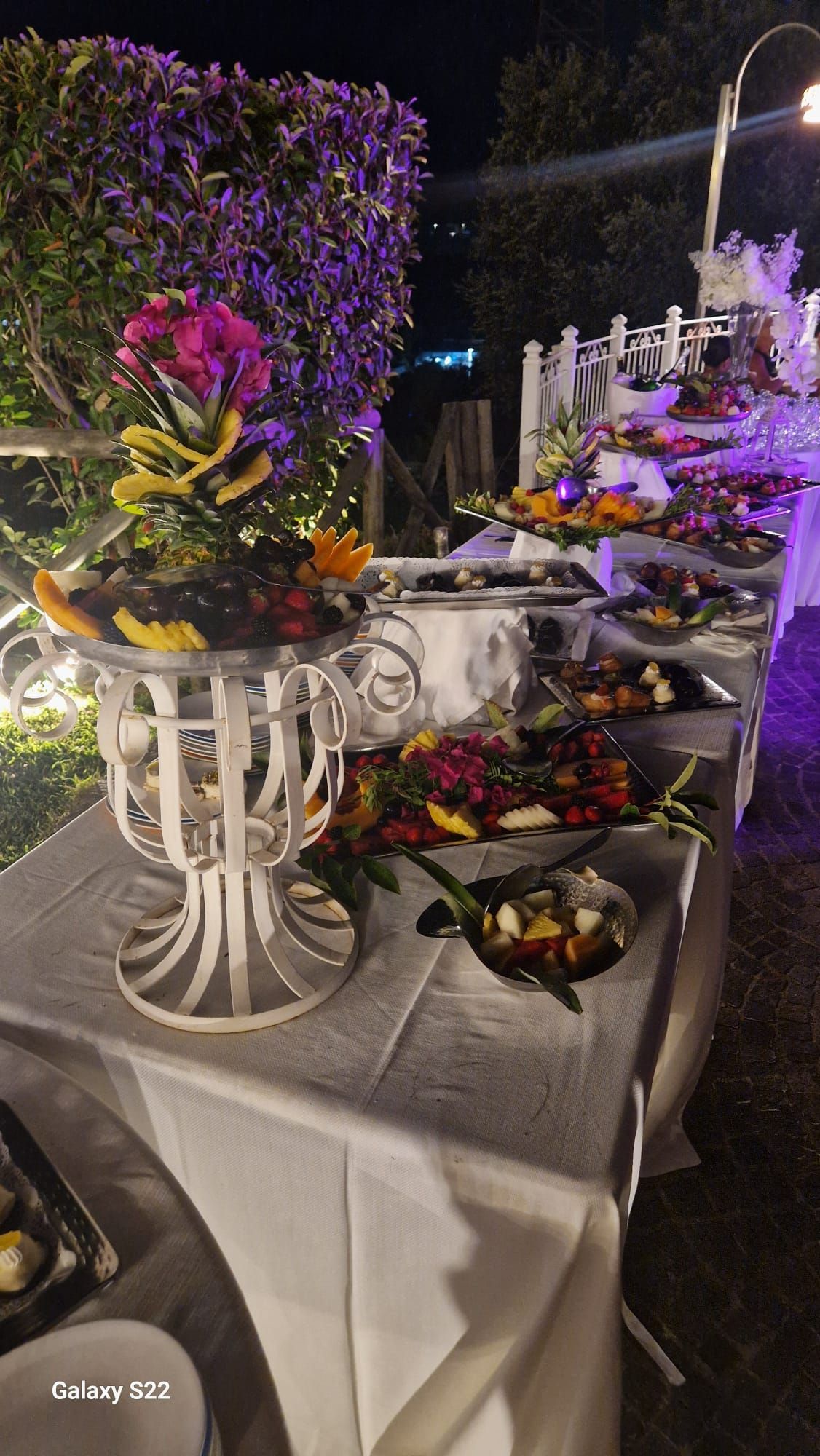 Un tavolo da buffet con frutta e composizioni floreali all'aperto di sera.