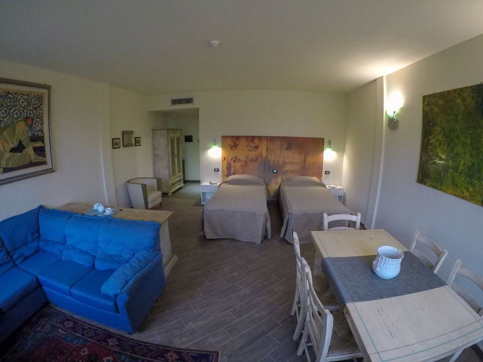 Hotel room with living room area