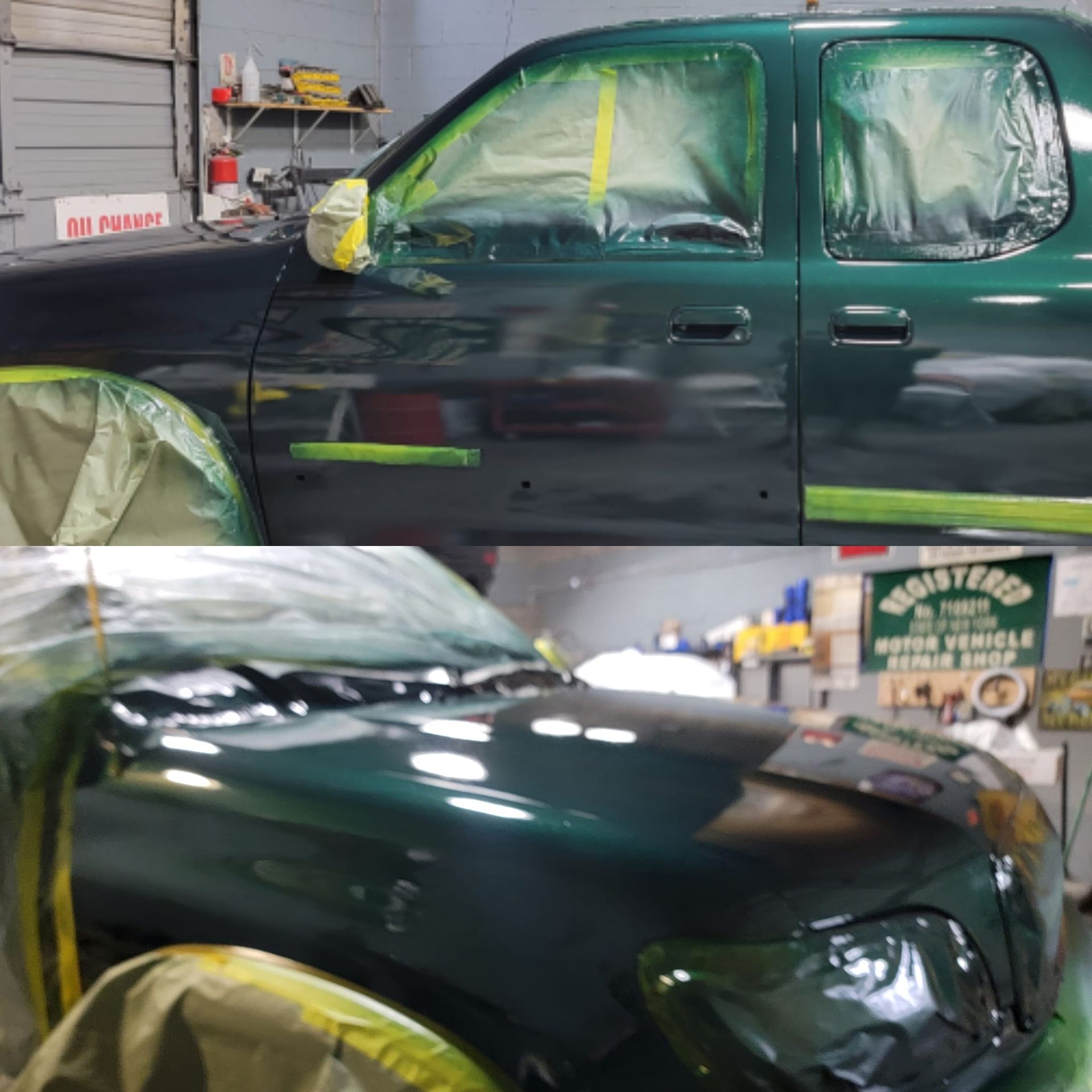 Green pickup truck in a body shop, masked for painting. Exterior is dark green.