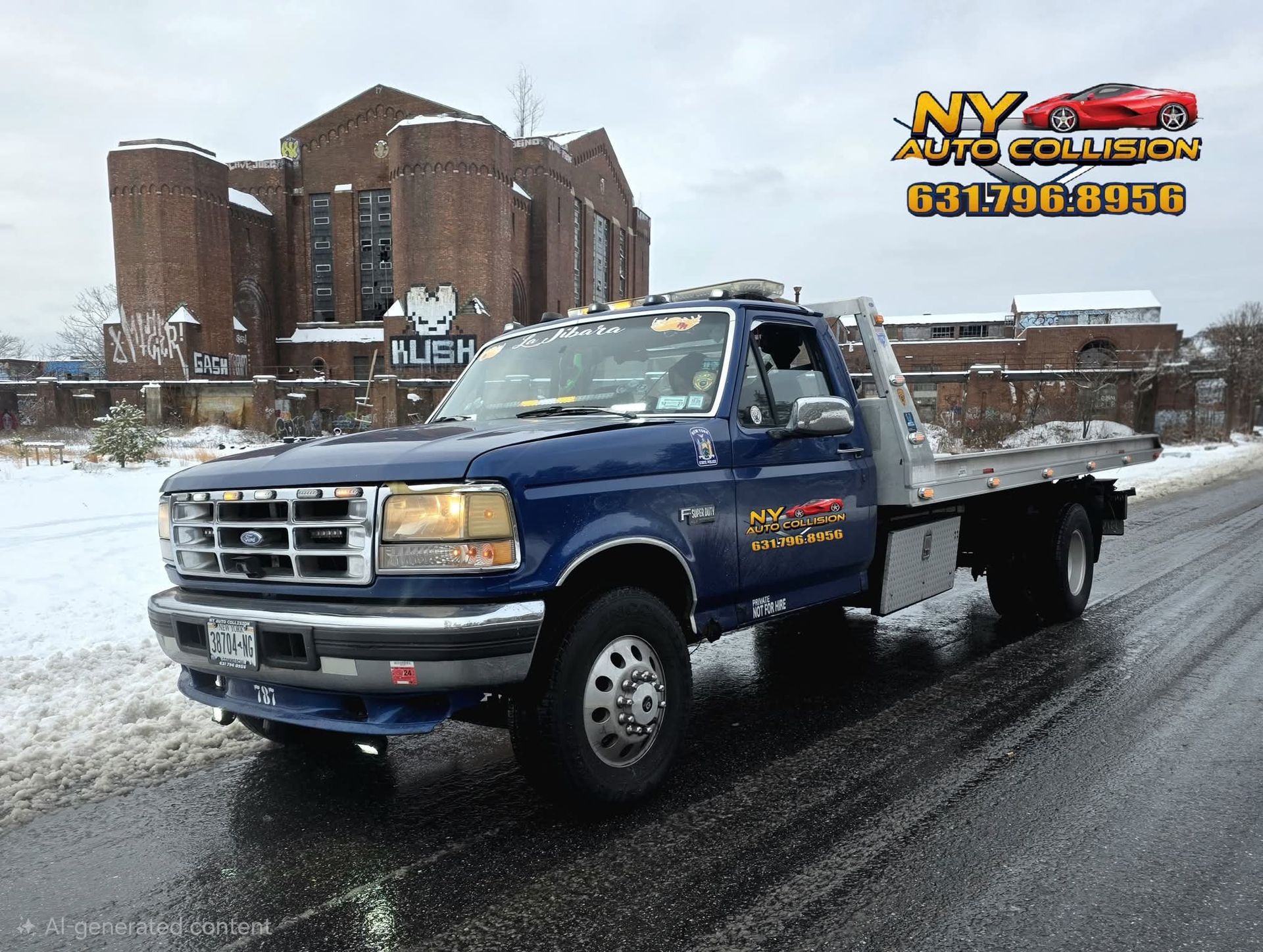 Blue tow truck on a snowy road in front of a brick building.