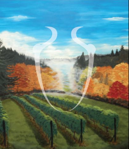 A painting of a vineyard with trees and a river in the background