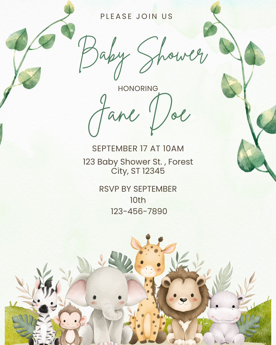 Custom safari baby shower digital invitation with animal theme