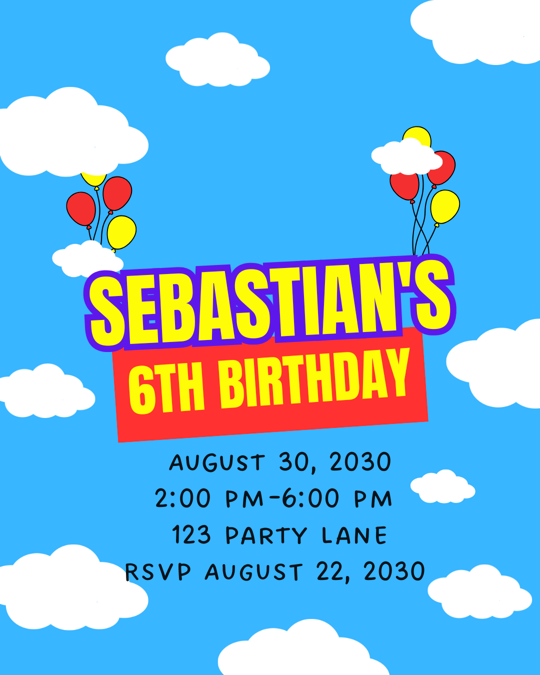 Custom blue 6th birthday party digital invitation design