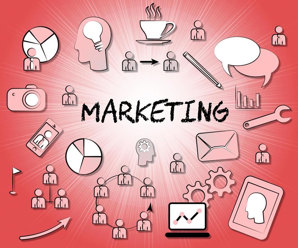 The word marketing is surrounded by various icons on a red background.