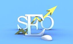 The word seo is surrounded by arrows and a mouse on a blue background.