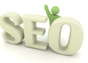 A green figure is standing on top of the word seo