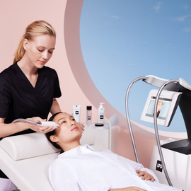 Femme recevant un soin du visage d'une technicienne, entourée de produits et d'un dispositif médical.
