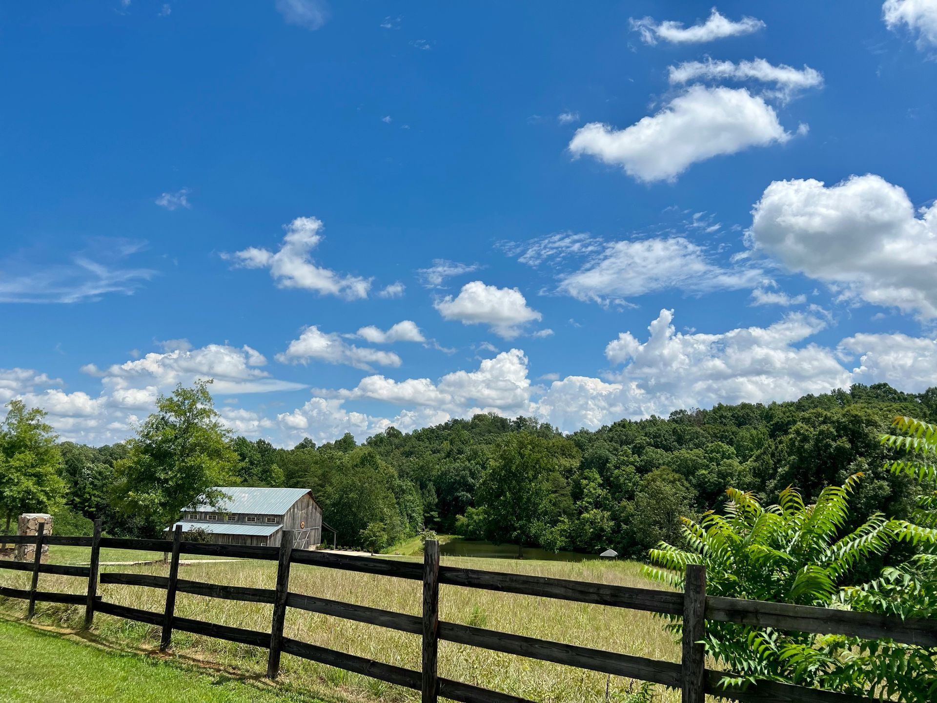 Blue sky with fluffy clouds over a green field, wooden fence, barn, and treeline.