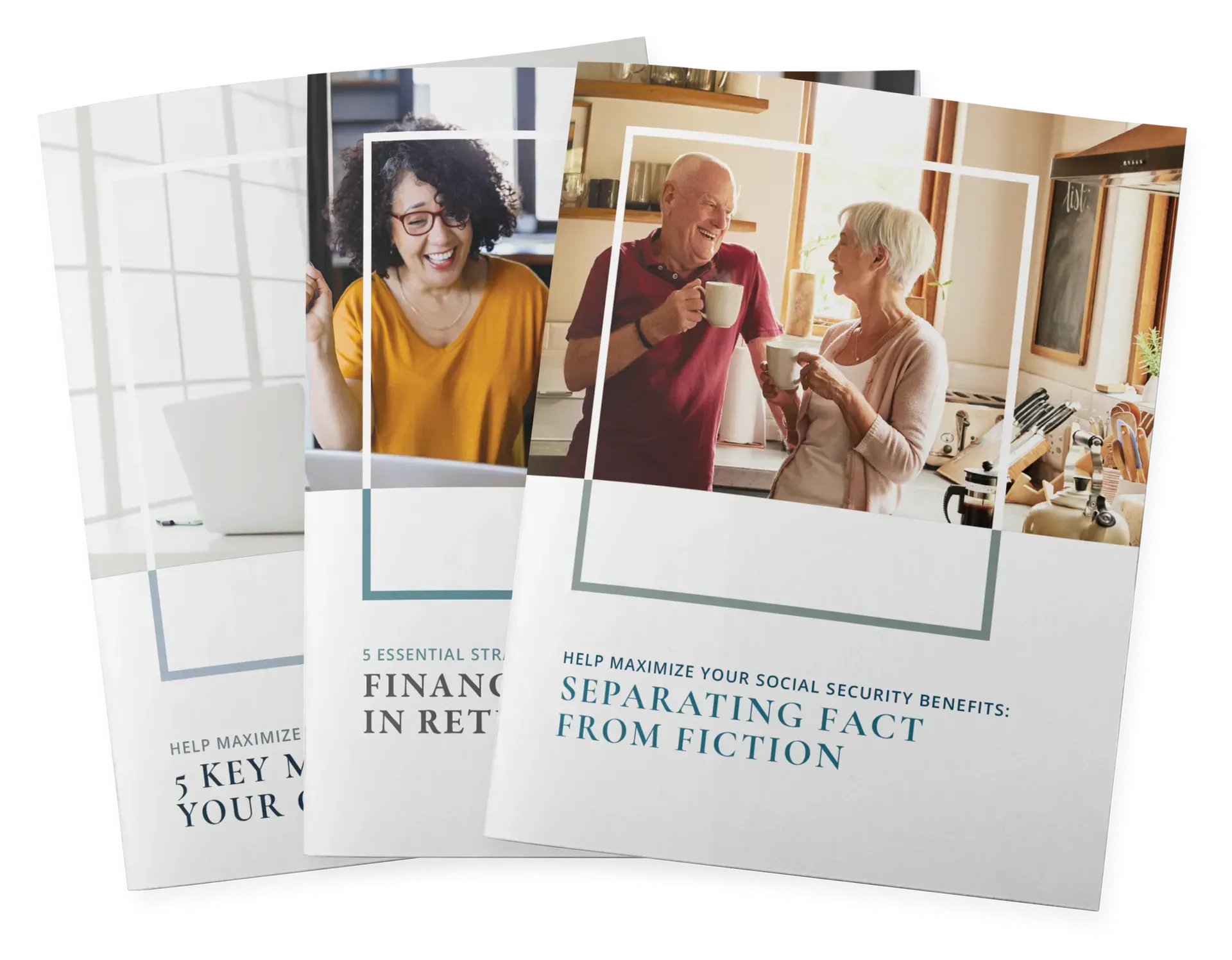 Four brochures with retirement financial planning advice, featuring photos of happy older adults.