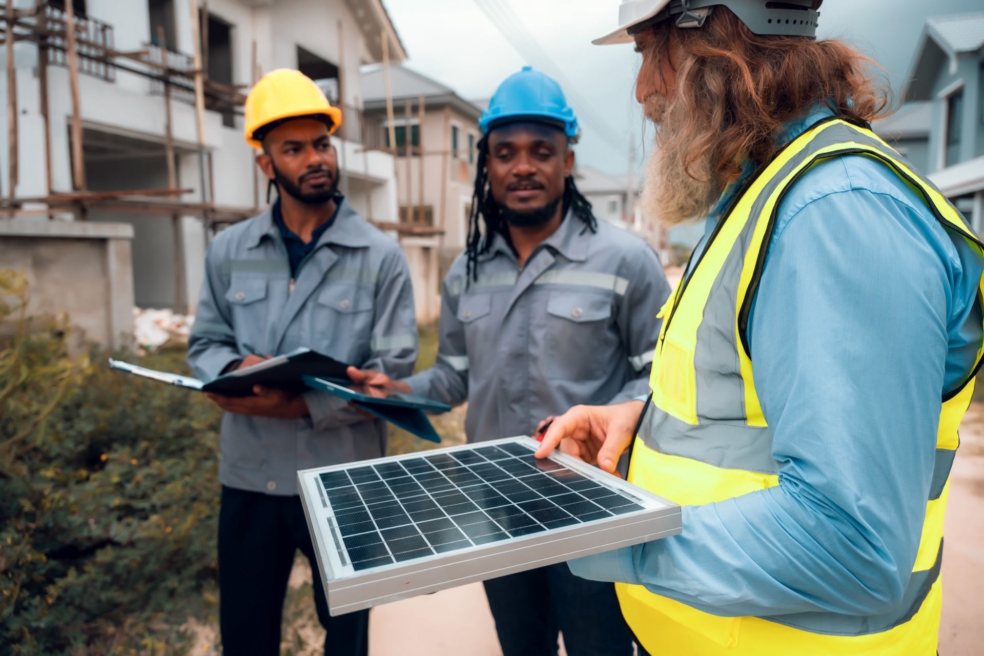 Construction engineers and their team are discussing the site preparation plan for installing solar panels