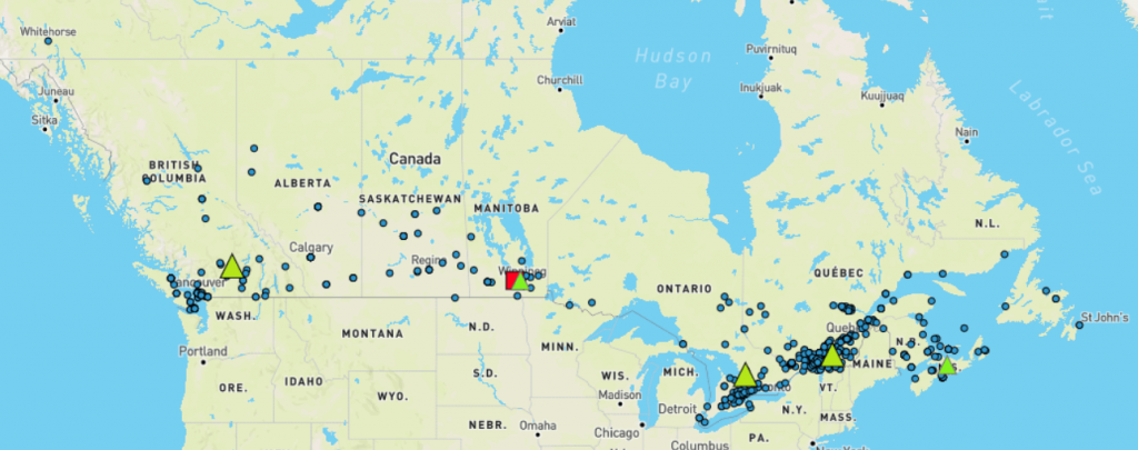 Situation avec deux entrepôts supplémentaires, Distribution sites and customers_Greenfield sites_Canada