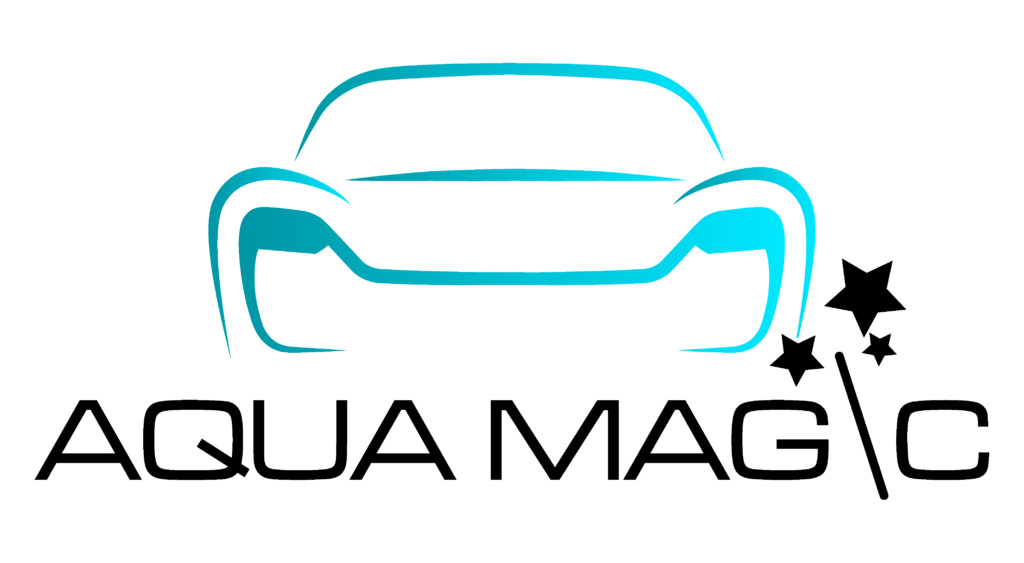 Logo for Aqua Magic car wash: outline of a car in teal above text 