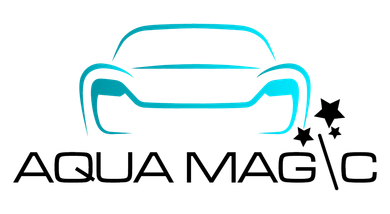 Logo for Aqua Magic car wash: outline of a car in teal above text 