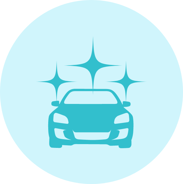 Clean turquoise car with sparkling stars in a blue circle.