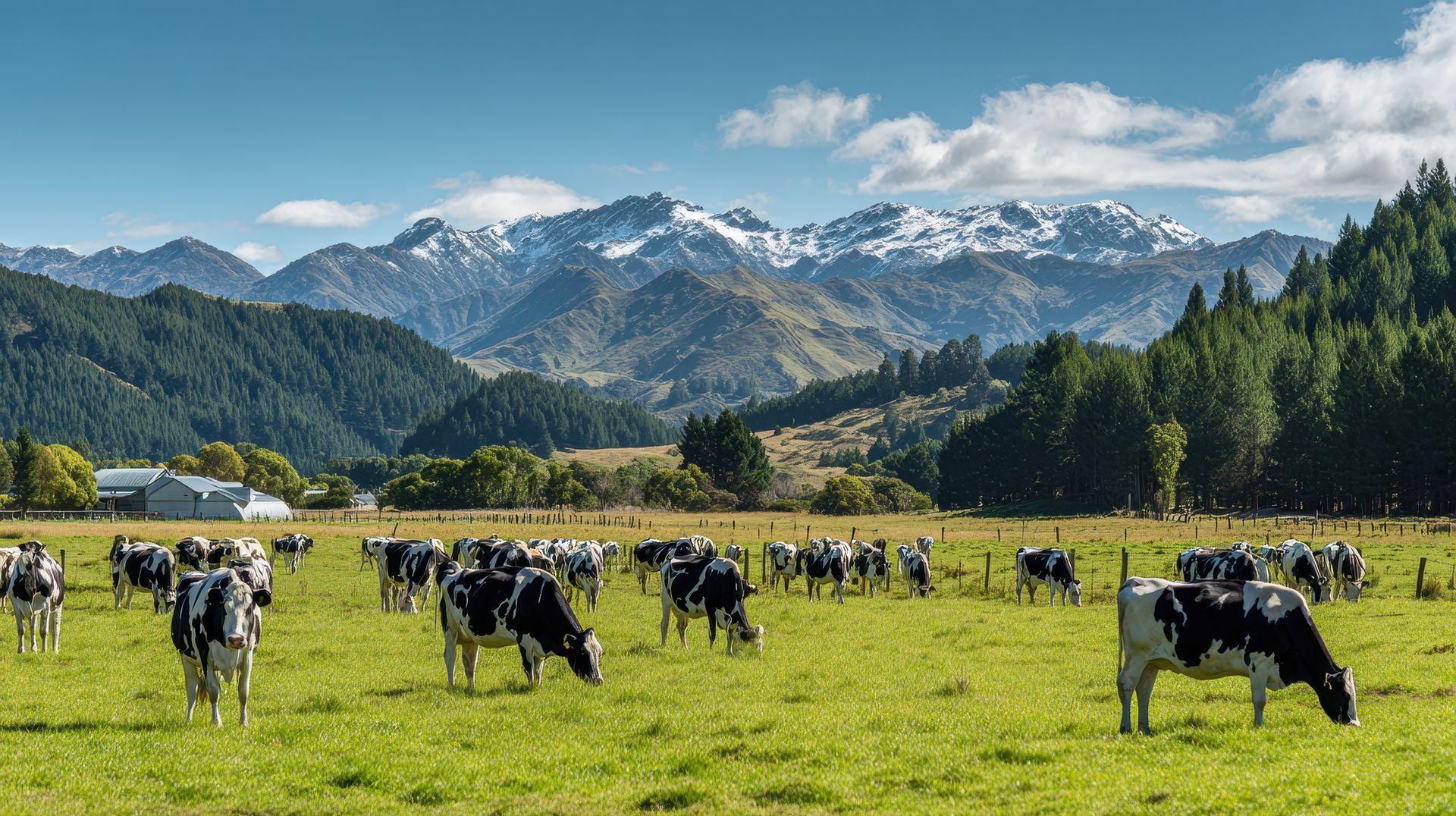Cows grazing in a lush green pasture with mountains in the background under a blue sky.
