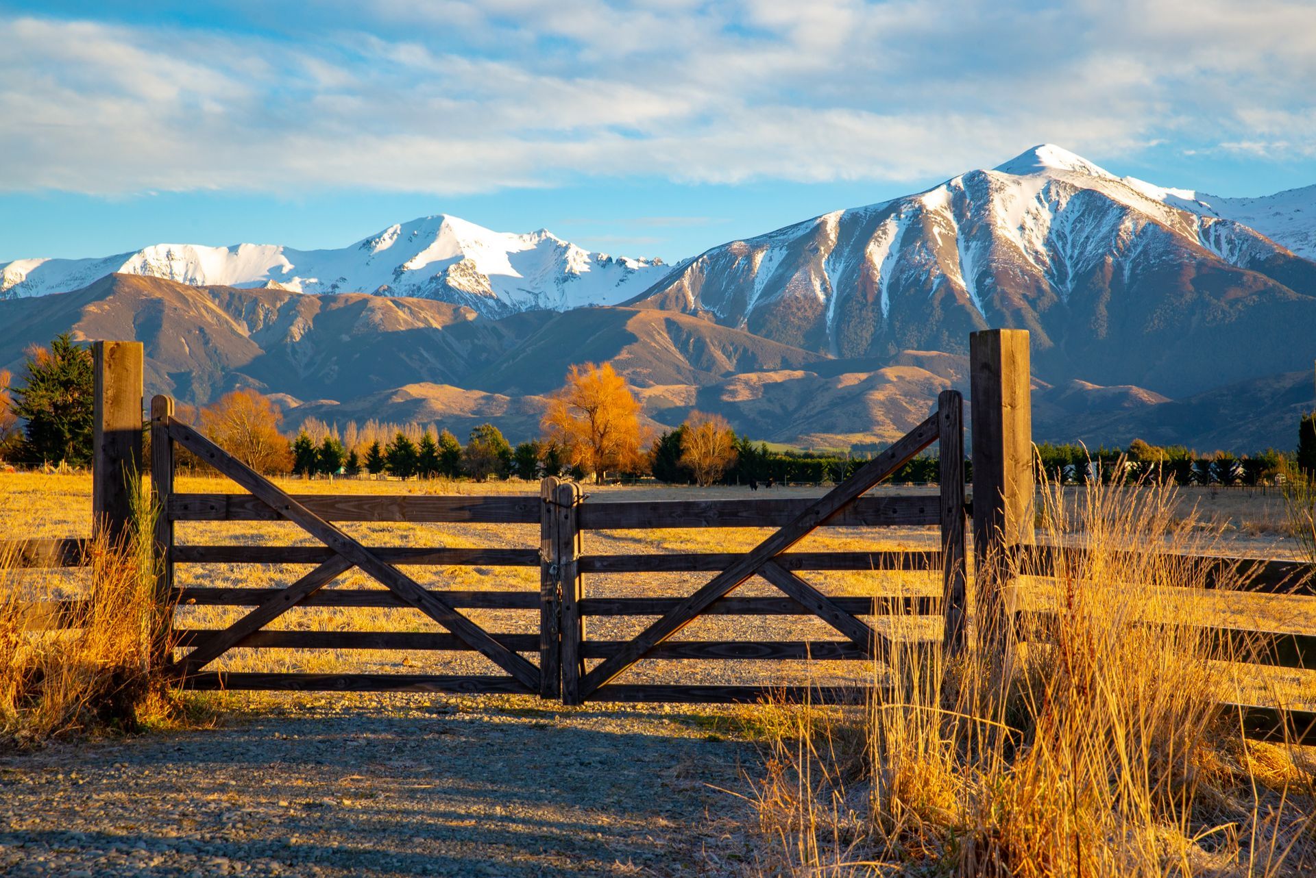 Wooden gate in foreground, fields and snow-capped mountains in background under a blue sky.