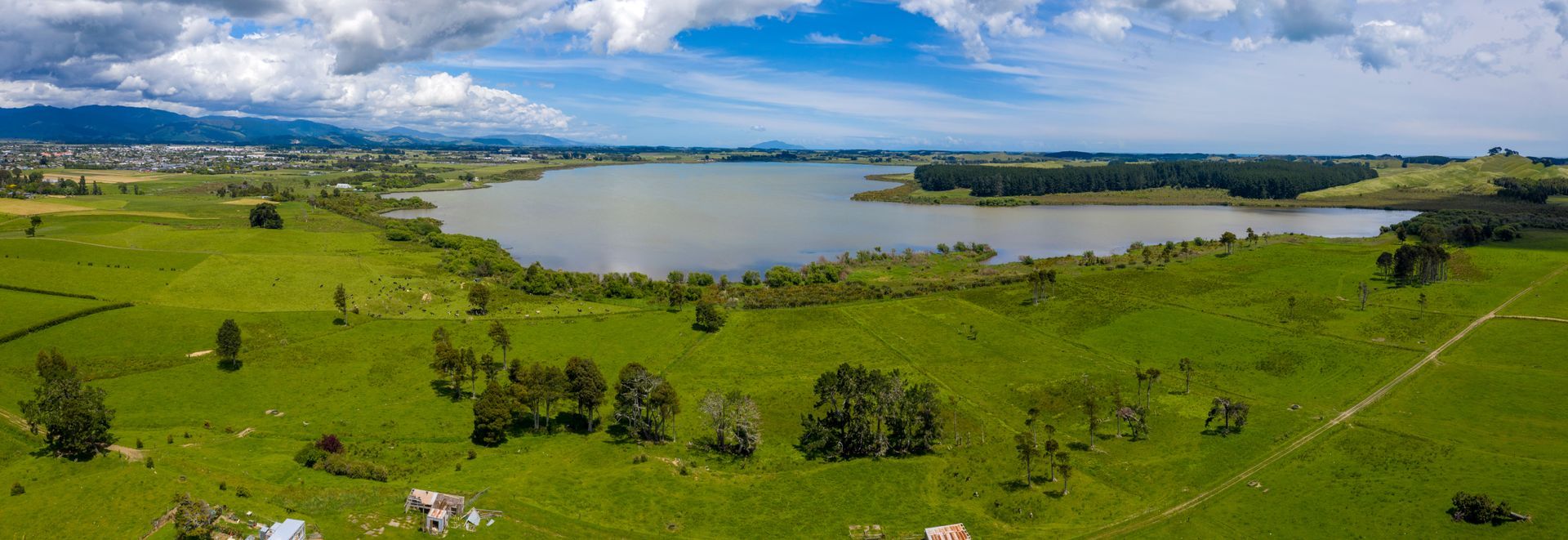 Panoramic view of a green field with a lake and mountains under a blue sky with clouds.
