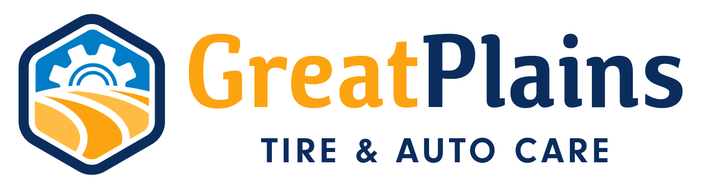Logo for Great Plains Tire & Auto Care with a blue and yellow gear and field design.