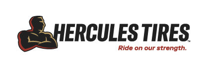 Hercules Tires logo: muscular figure with crossed arms, bold text, and tagline 