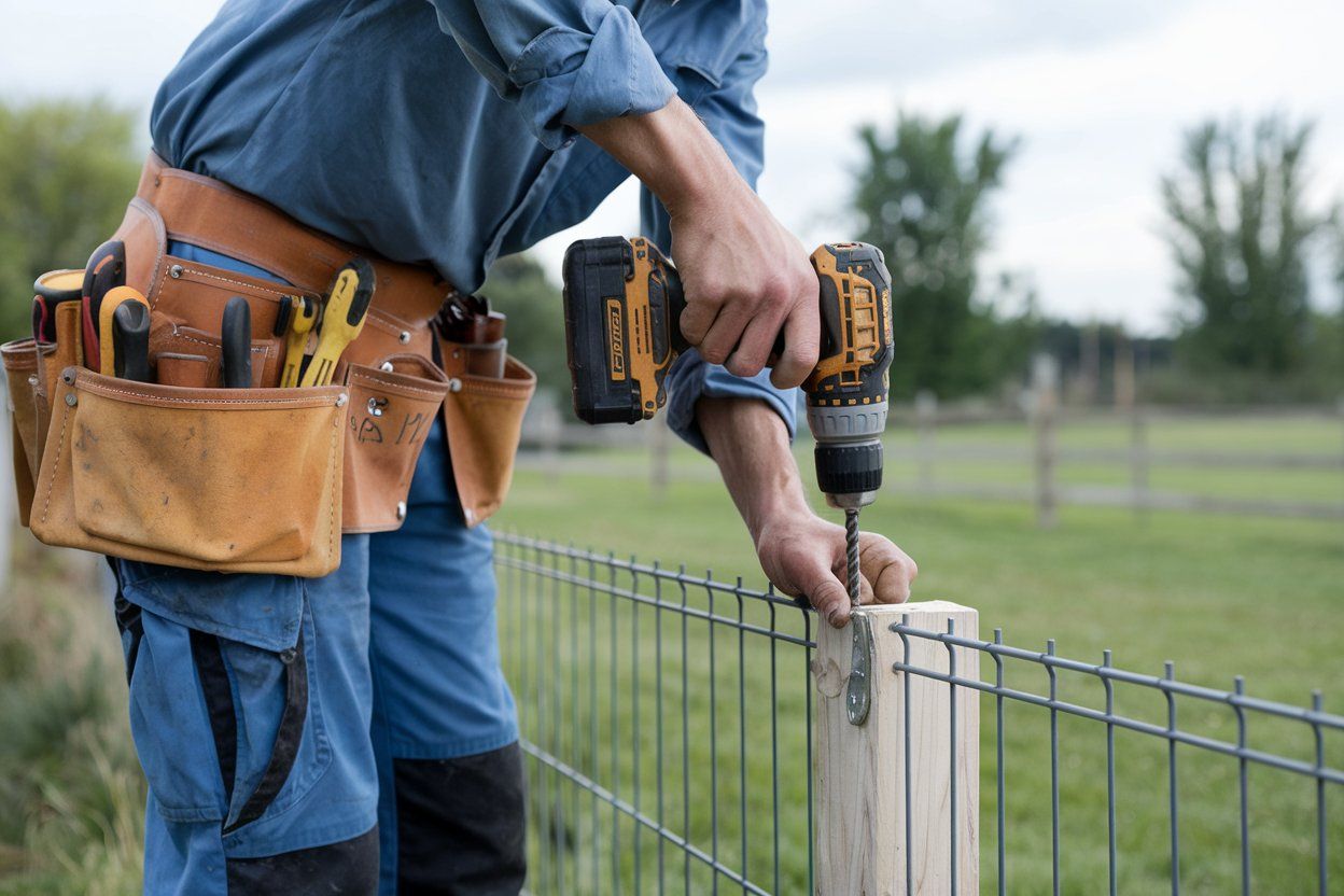 A man is using a drill to fix a fence post.