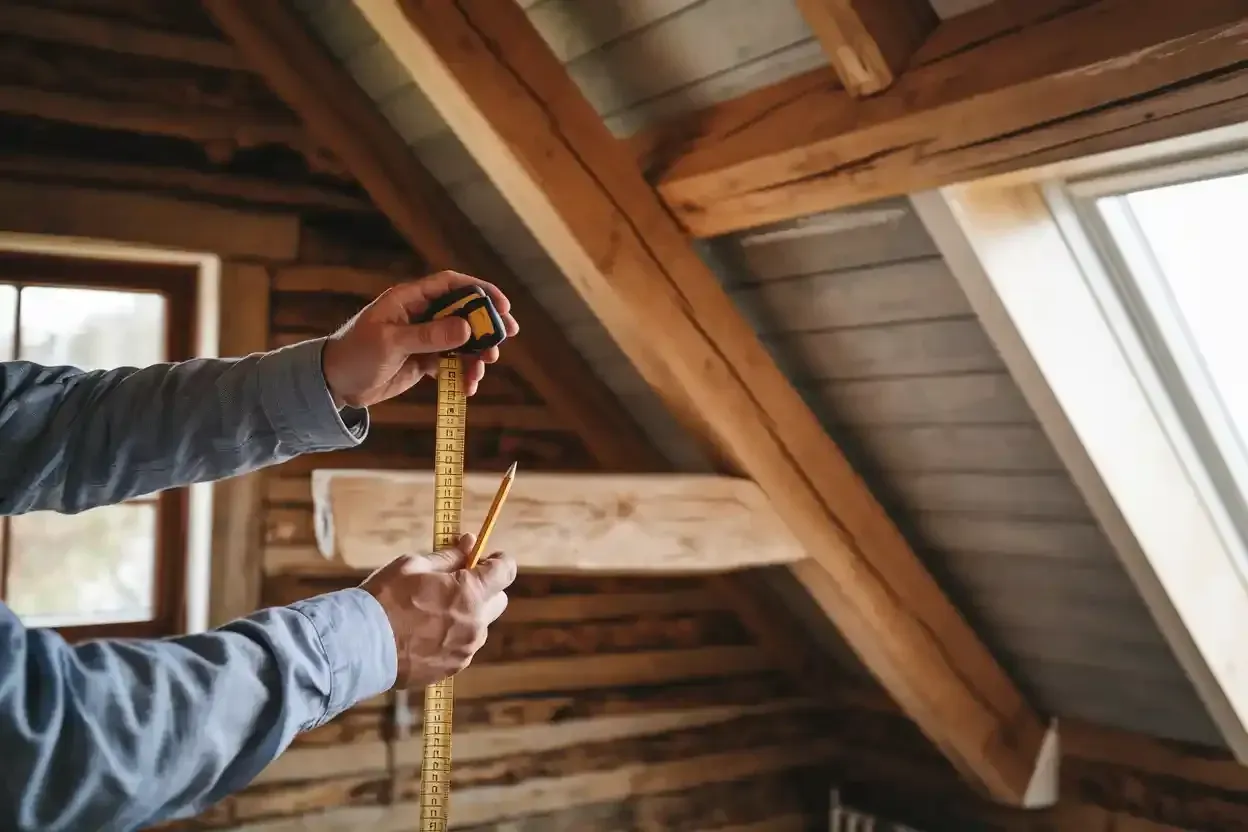 A man is measuring a wooden beam with a tape measure.