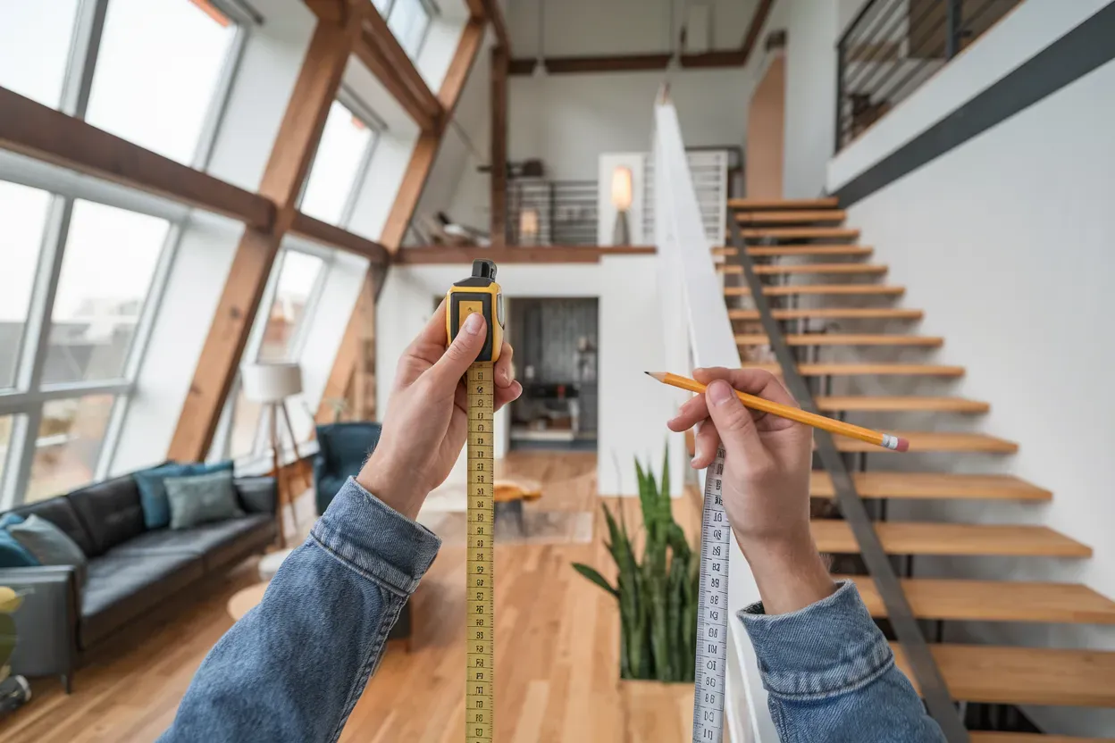 A person is measuring a staircase with a tape measure and pencil.