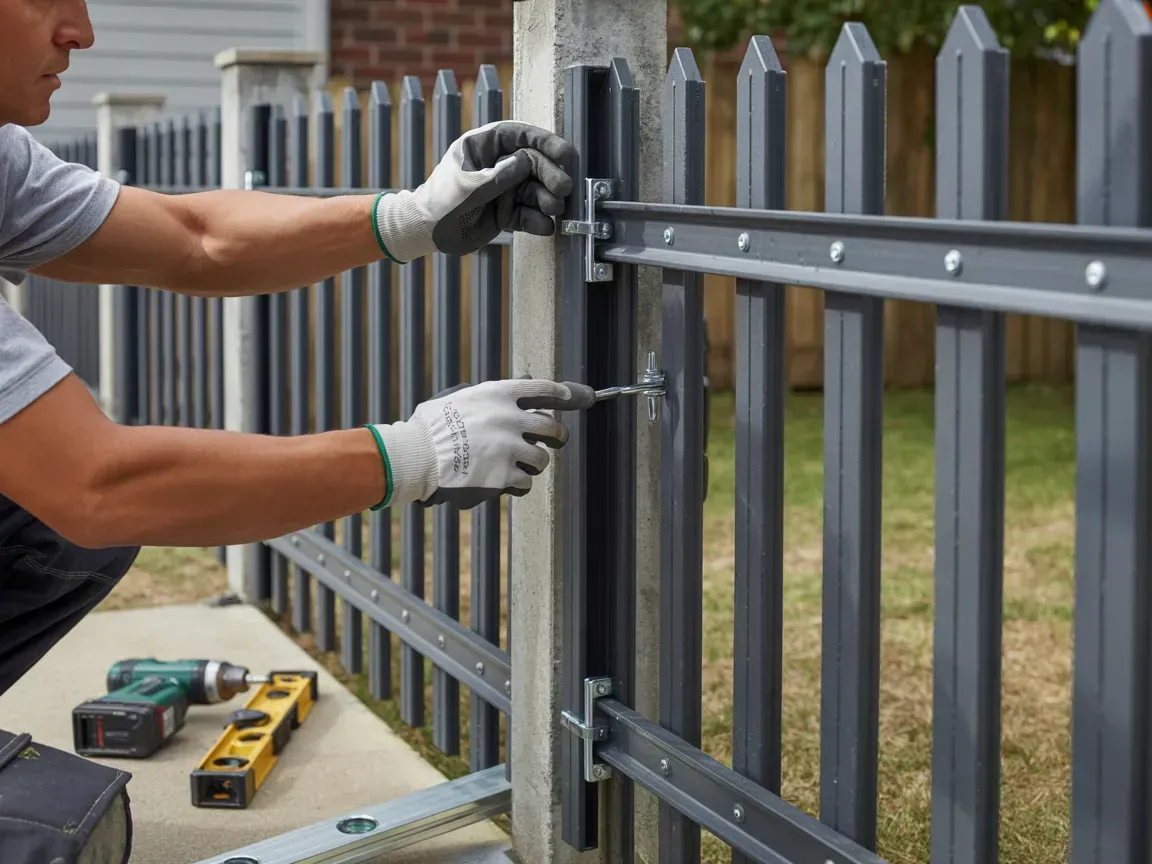 A person wearing gloves secures a gray metal fence panel to a concrete post using metal brackets and a hand tool.