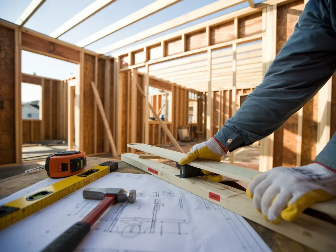 A person wearing work gloves marks a piece of wooden lumber atop a blueprint on a construction site.