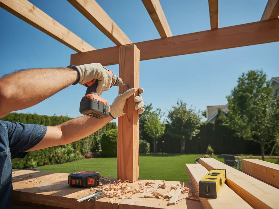A person wearing work gloves uses a power drill to fasten a vertical wooden post onto a horizontal beam outdoors.