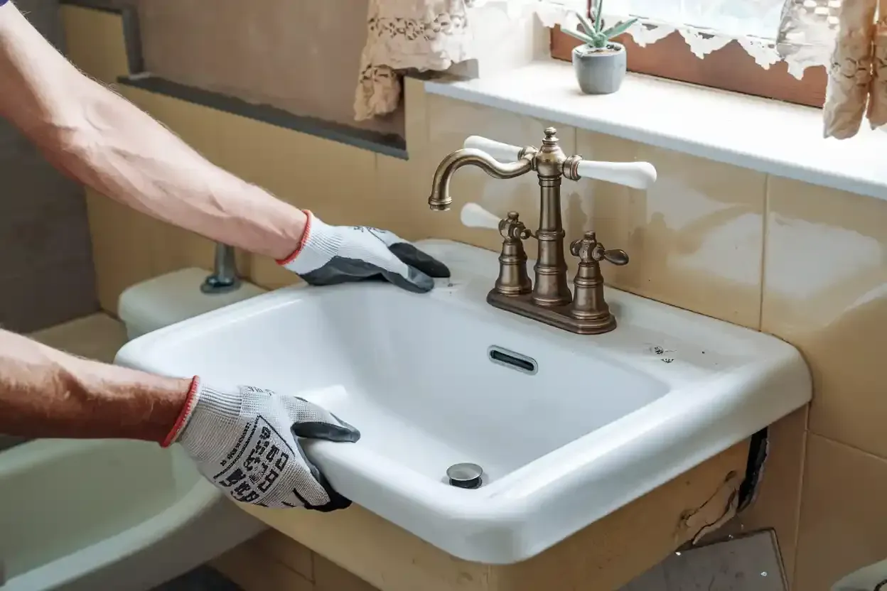 A man is fixing a sink in a bathroom.