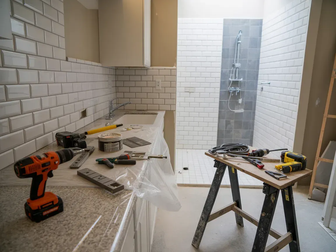 An indoor construction site showing a kitchen counter with a drill and tools, and a wooden workbench in front of a shower.