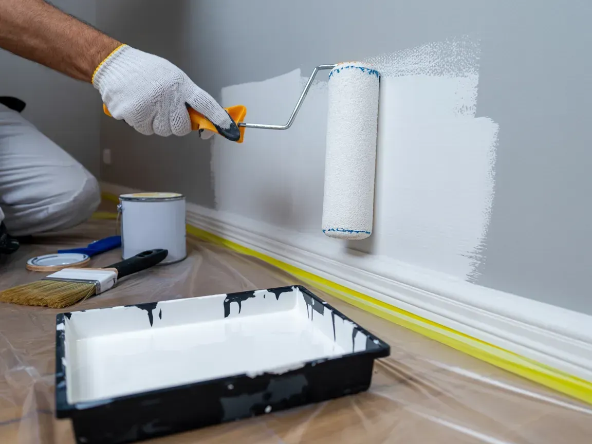A person in a white glove uses a roller to paint a gray wall white above yellow masking tape on the baseboard.