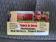 Business card for "Fence & Deck Professional" listing services like fencing, decking, electric, plumbing, and repairs.