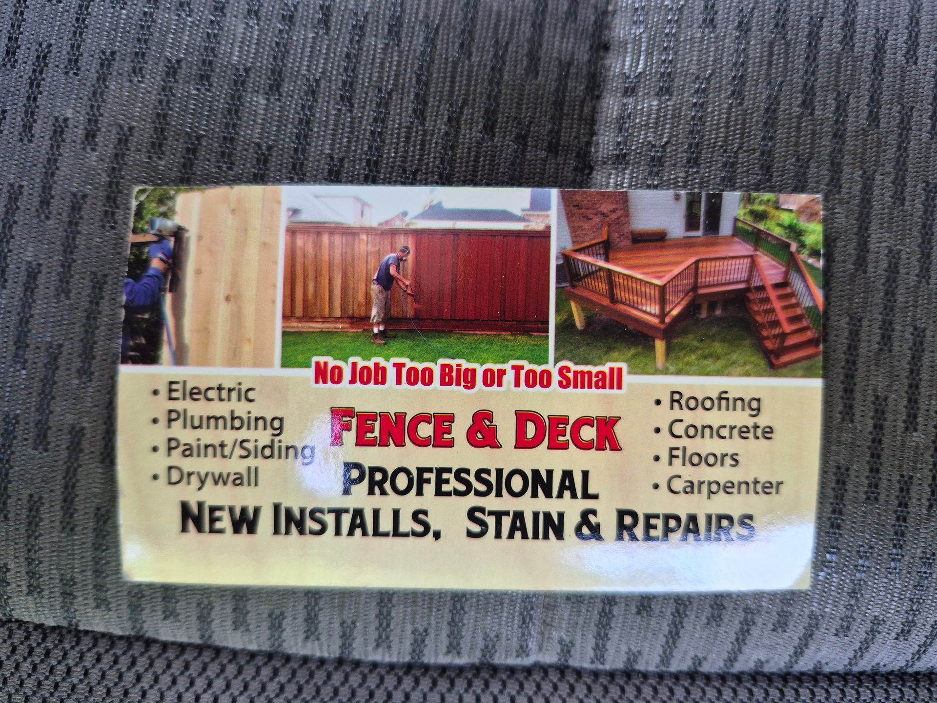 Business card for "Fence & Deck Professional" listing services like fencing, decking, electric, plumbing, and repairs.