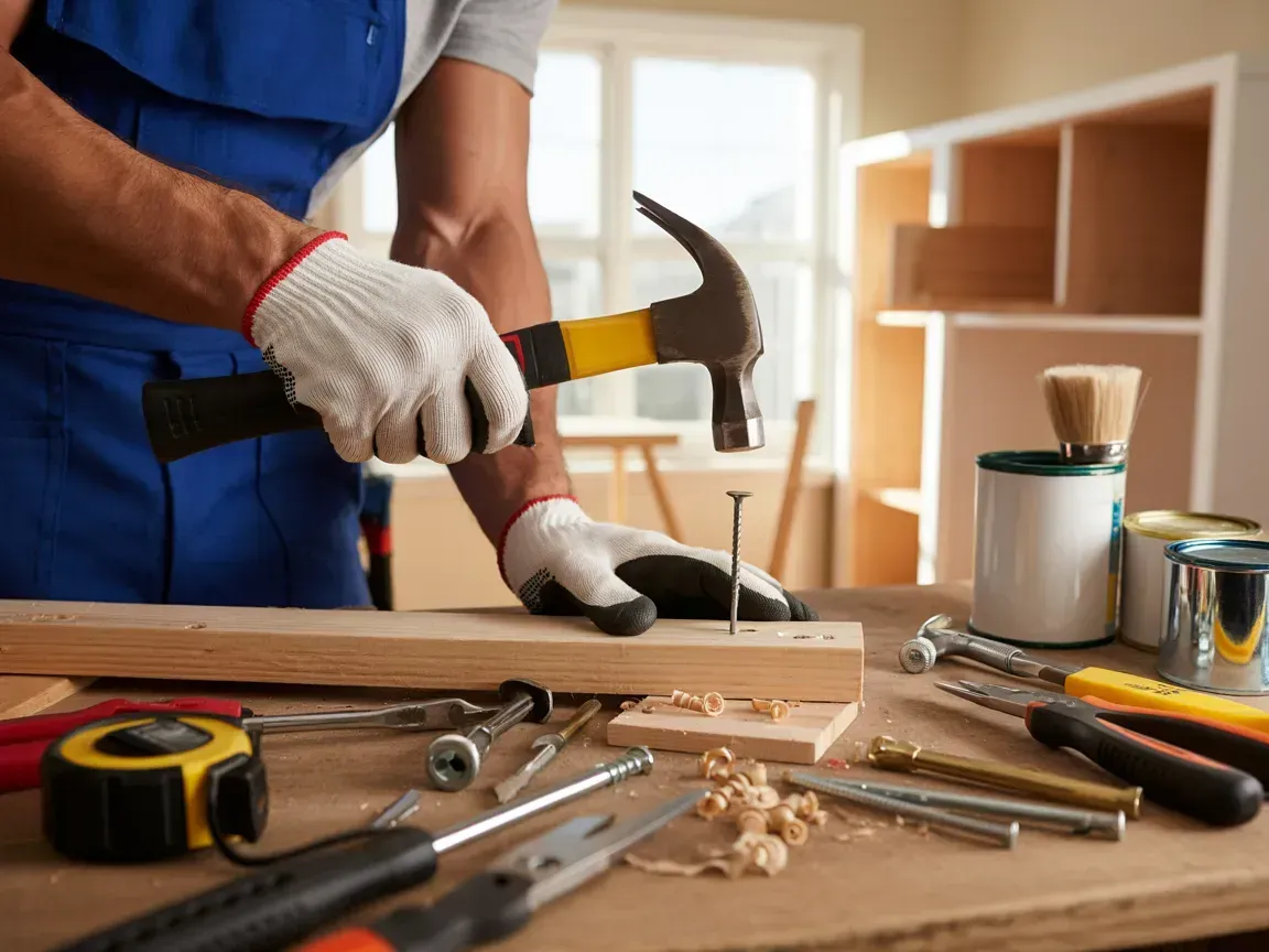 A person in blue workwear uses a hammer to drive a nail into a wooden board on a table covered with various tools.