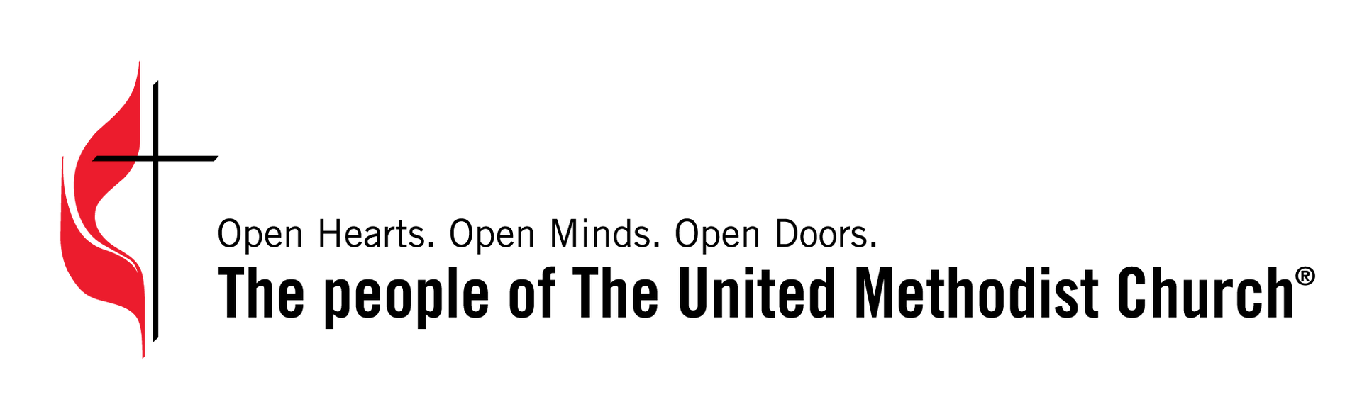 Logo of The United Methodist Church: a red flame shape with a cross, with text 