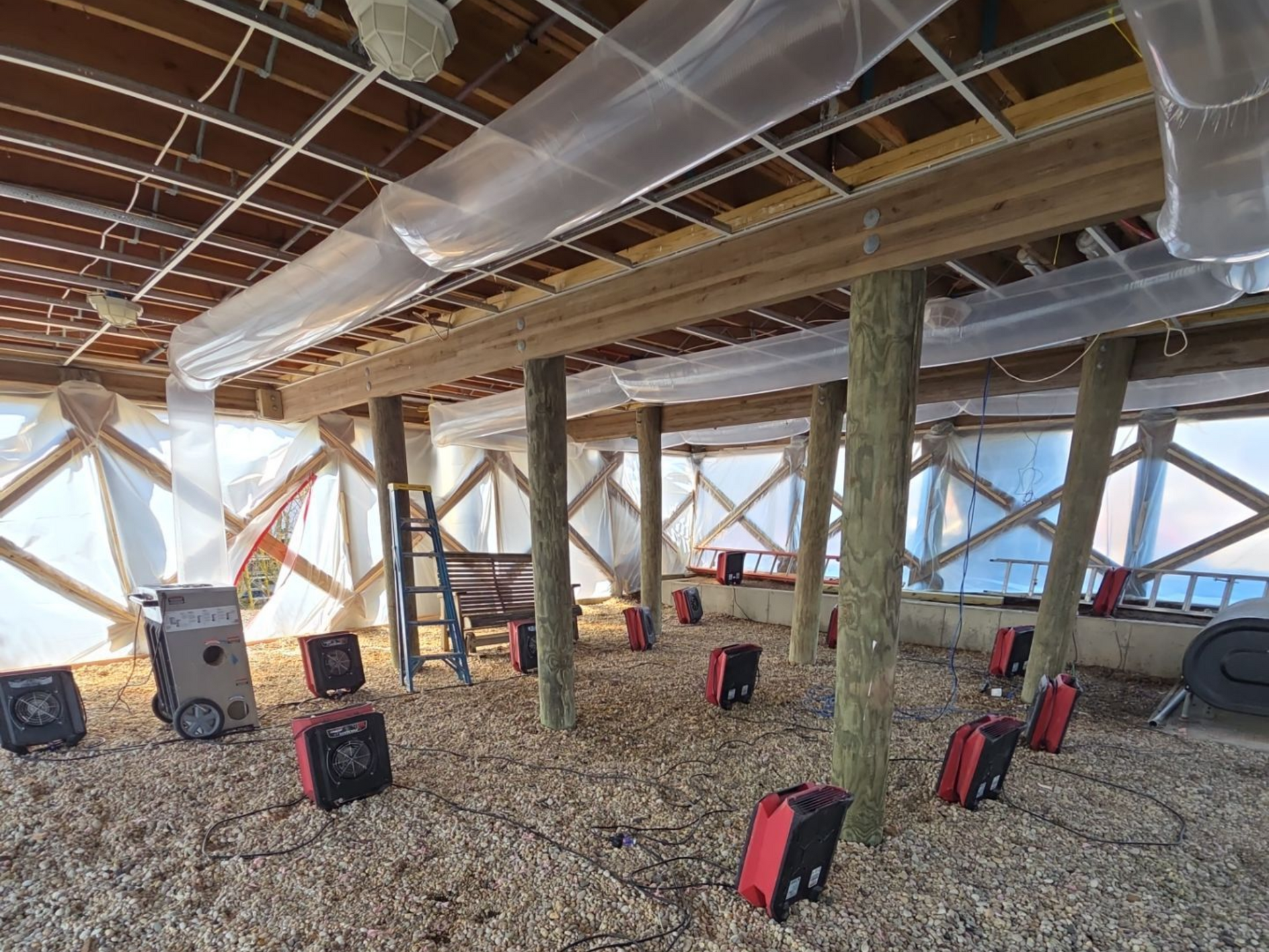 Drying and dehumidifying equipment setup for structural drying of home in Mastic Beach, NY