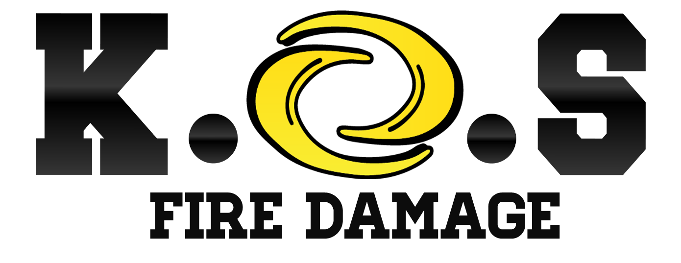 A black and yellow logo for k.o.s fire damage