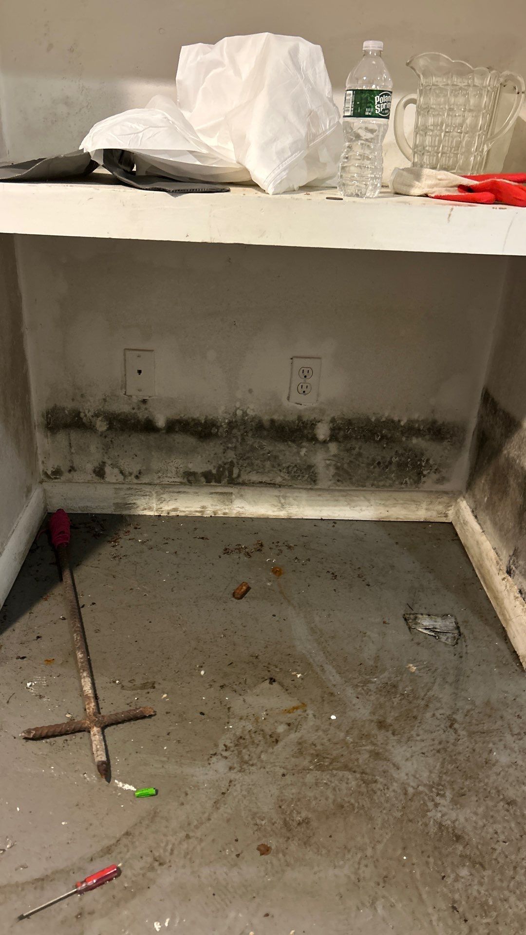 Black mold growth on wall after basement flood in Hampton Bays New York
