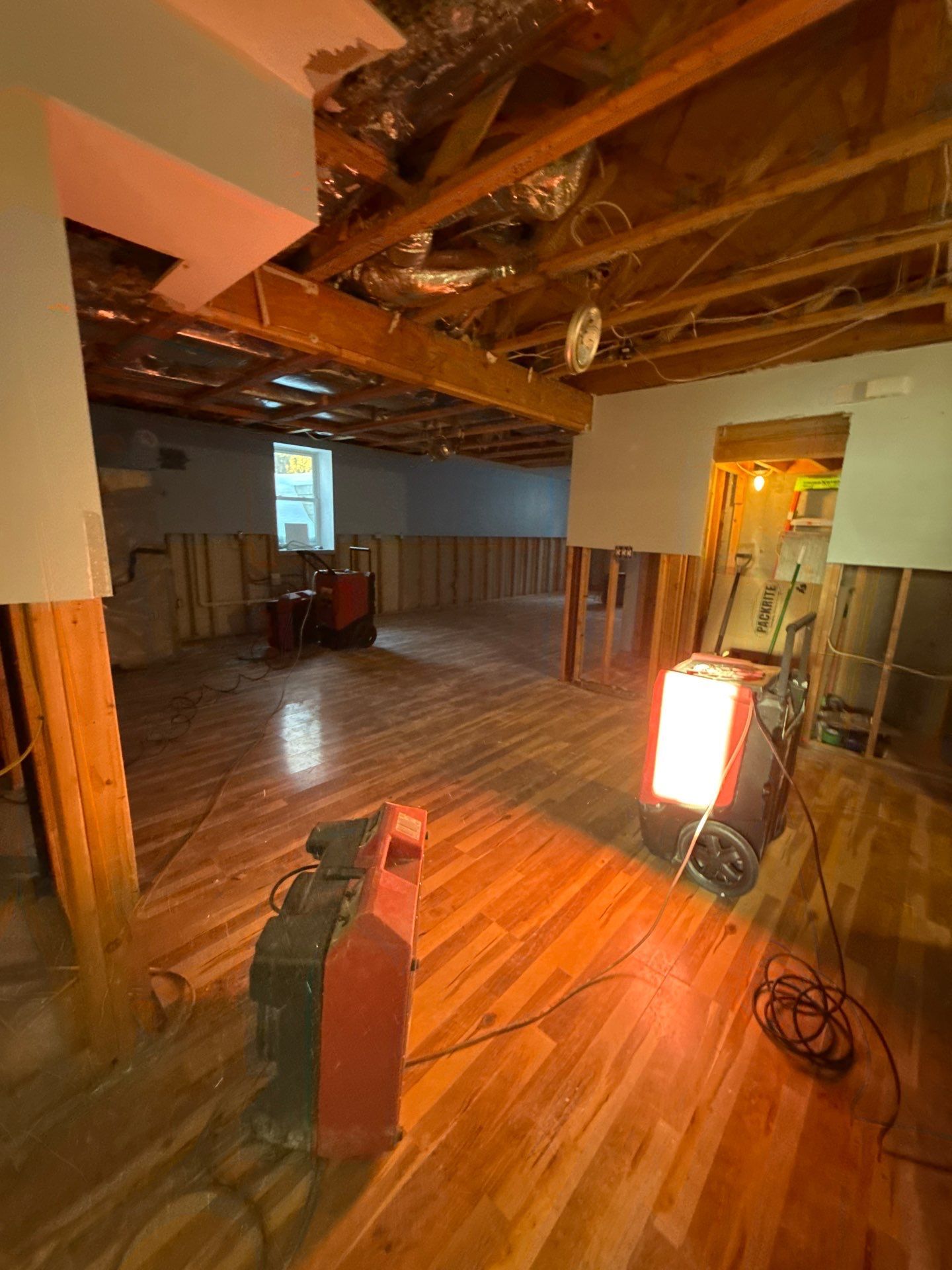 Drying and dehumidifying equipment at water damaged home in Westhampton NY