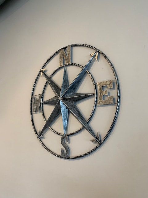 A compass on a white wall shows the directions north east and south