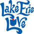 A blue logo for lake erie love on a white background.